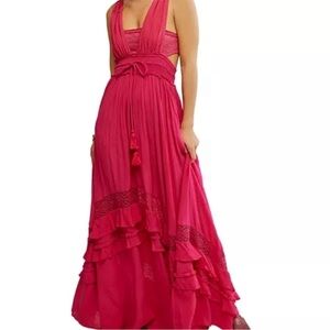 Free People Pink Santa Maria Maxi Dress with Shoulder Tassels & Waist Tie. XS